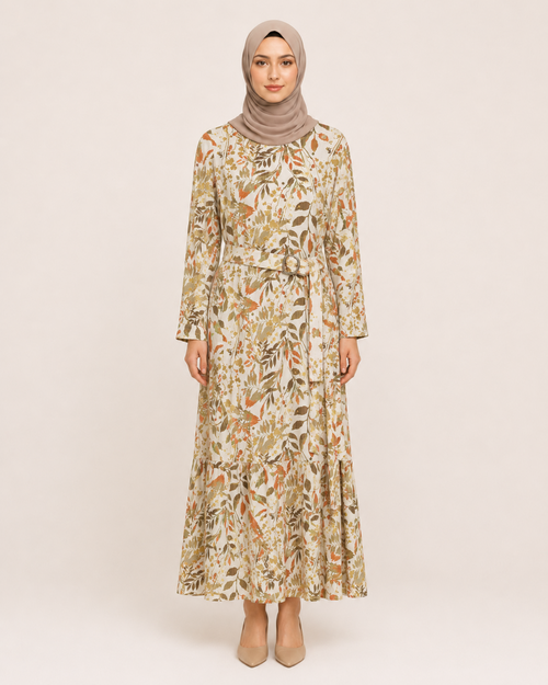 DESENLİ VOLAN DETAYLI ELBİSE
