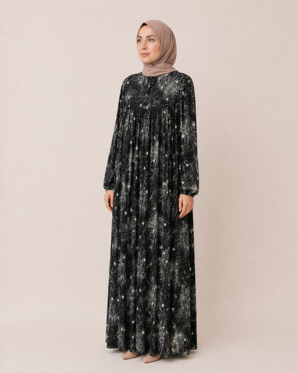 YUVARLAK ROBA DESENLİ VİSKON ELBİSE