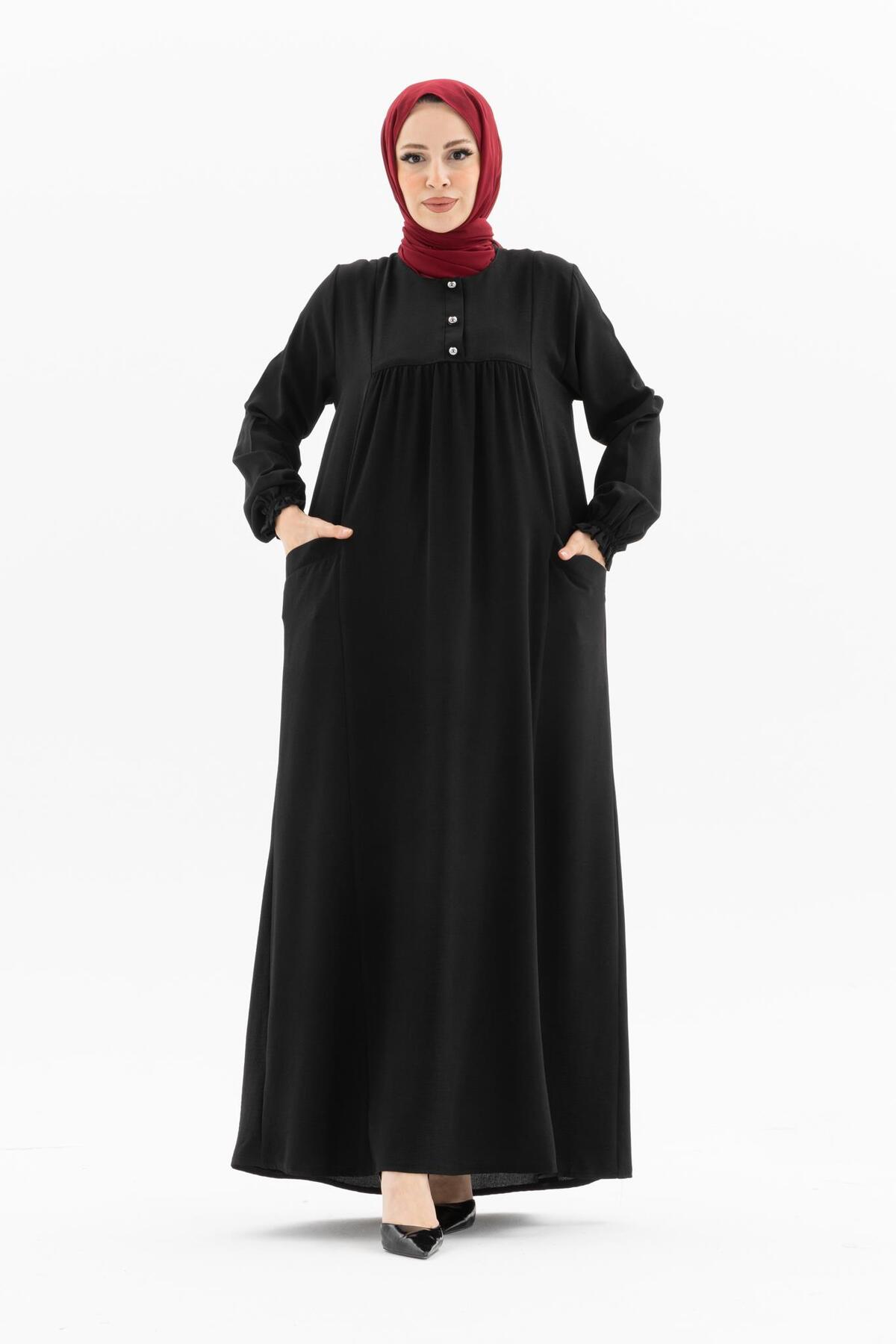 DÜZ ROBA DÜĞMELİ CEPLİ ELBİSE