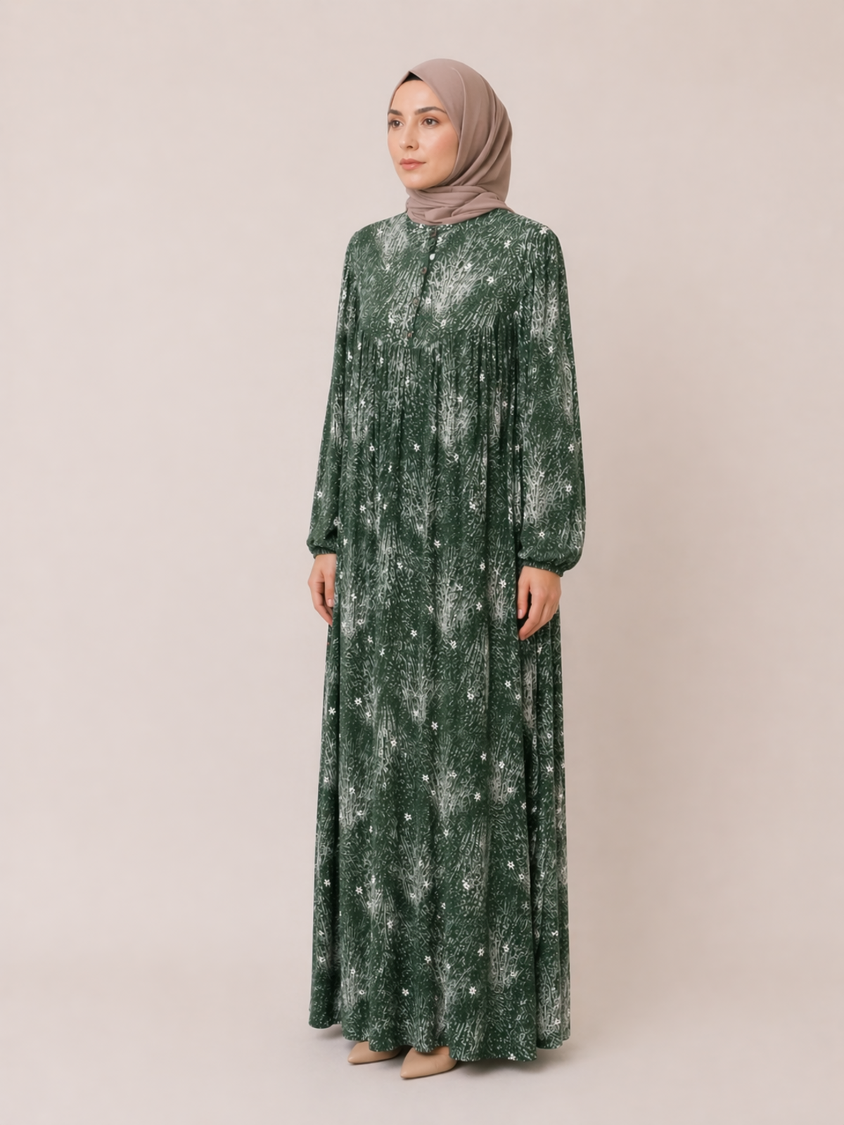 YUVARLAK ROBA DESENLİ VİSKON ELBİSE