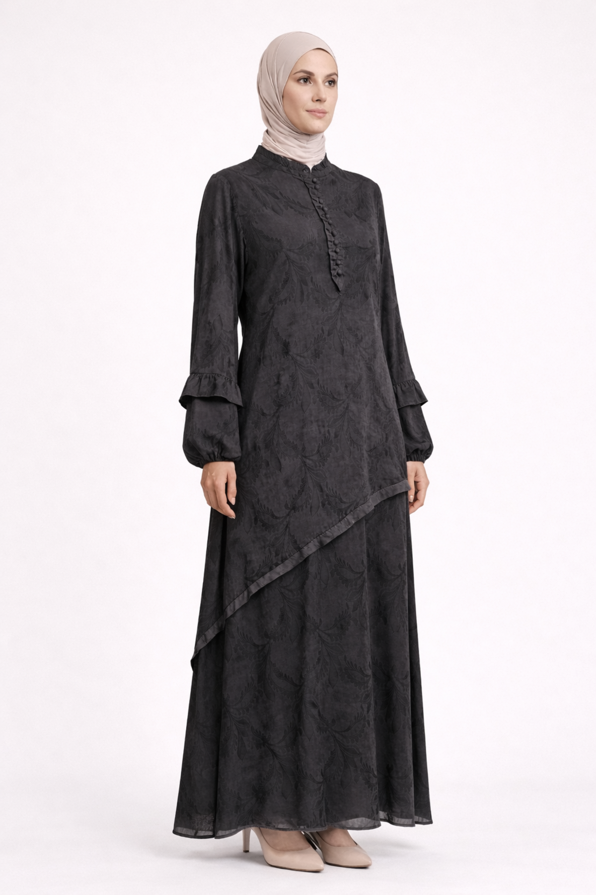 DESENLİ DÜĞMELİ KUPRA ELBİSE