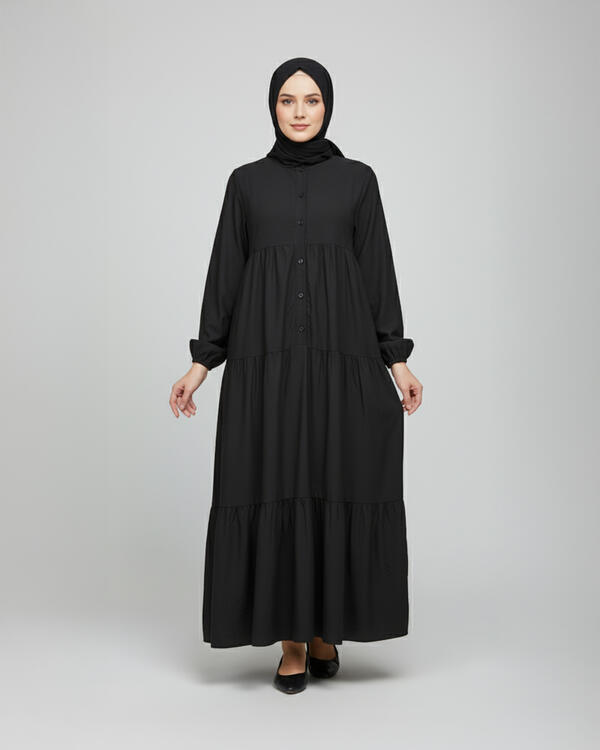KATLI DÜĞMELİ TENCEL ELBİSE