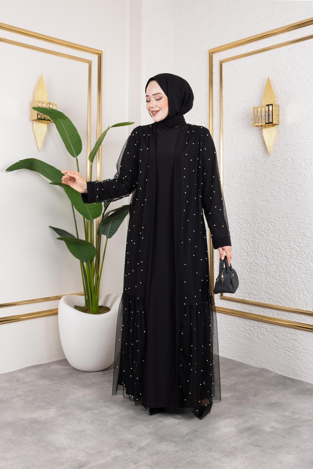 İNCİ İŞLEMELİ TÜLLÜ SANDY ABAYA