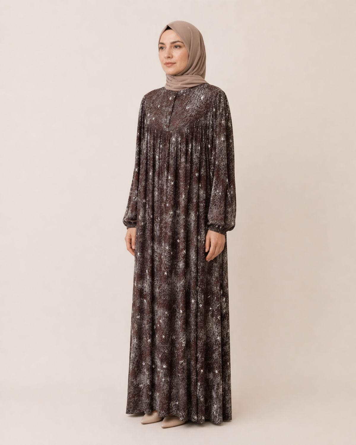 YUVARLAK ROBA DESENLİ VİSKON ELBİSE