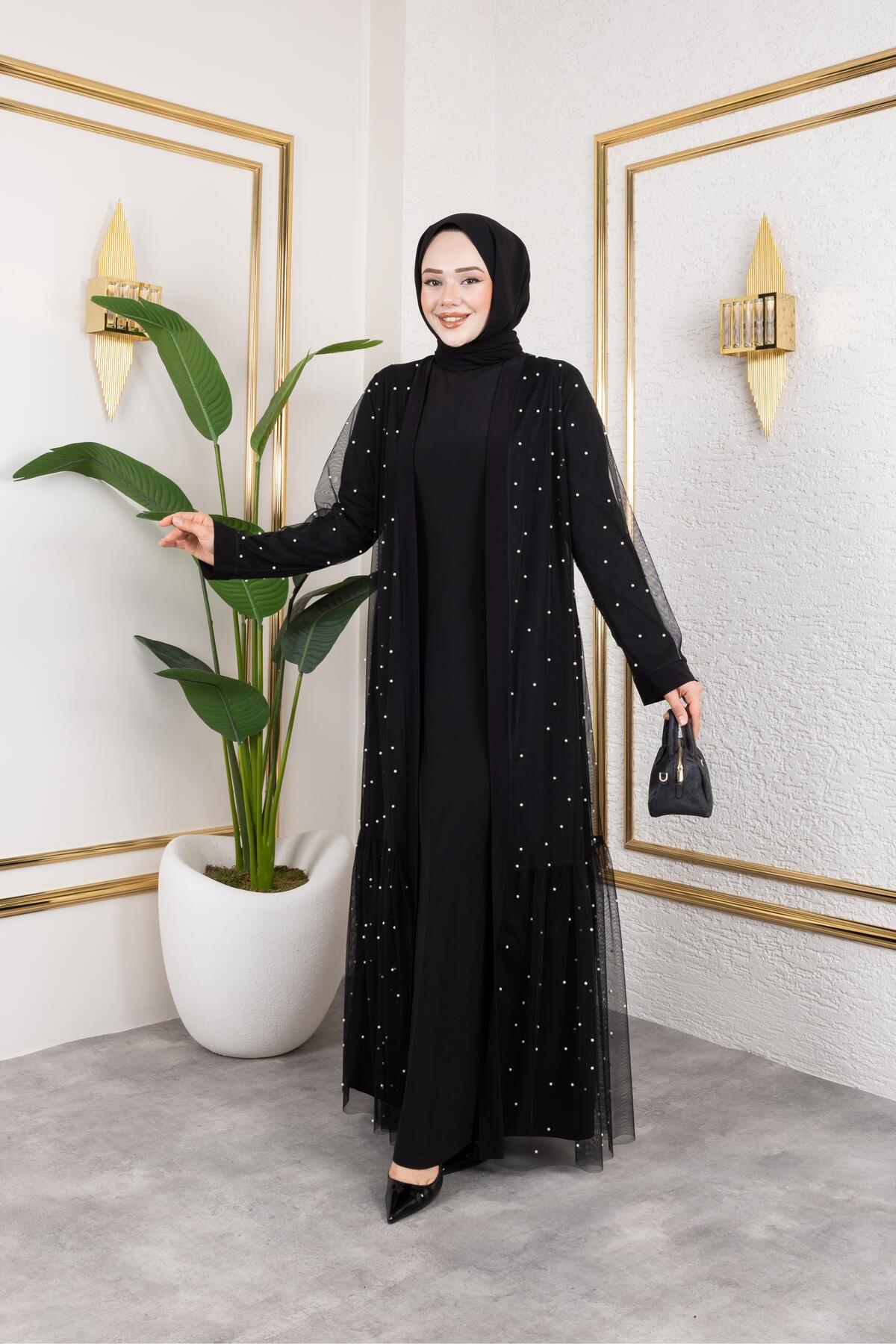 İNCİ İŞLEMELİ TÜLLÜ SANDY ABAYA