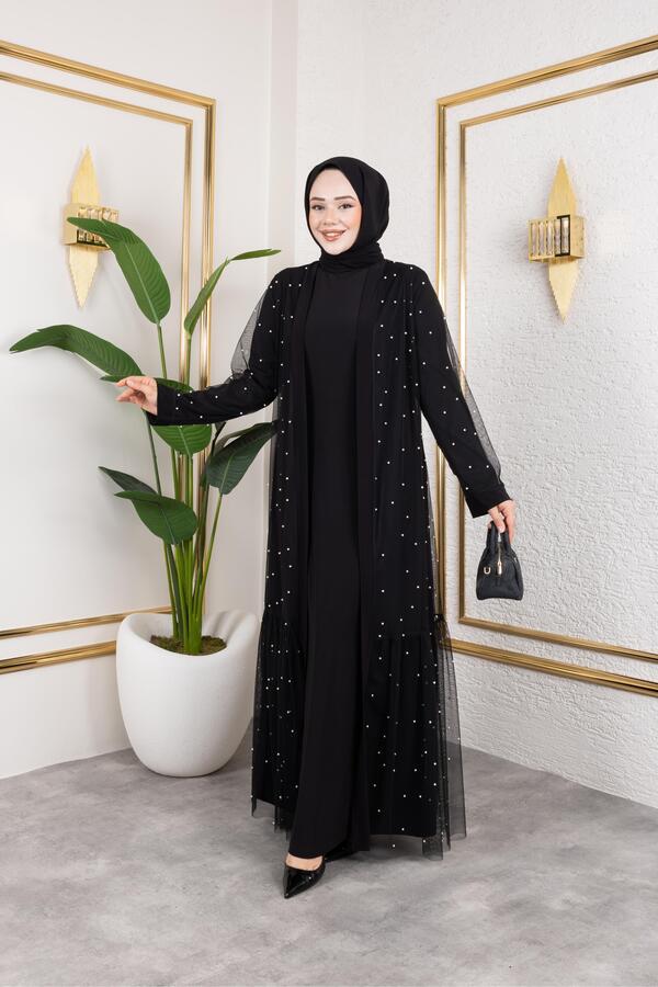 İNCİ İŞLEMELİ TÜLLÜ SANDY ABAYA