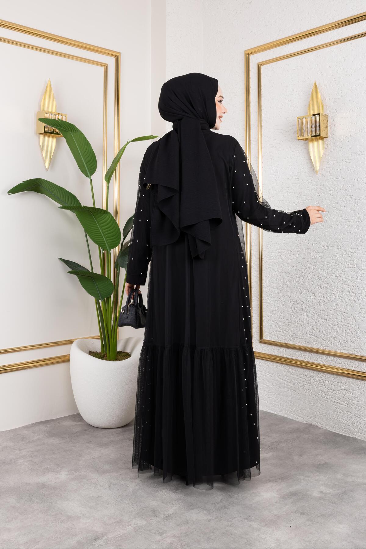İNCİ İŞLEMELİ TÜLLÜ SANDY ABAYA