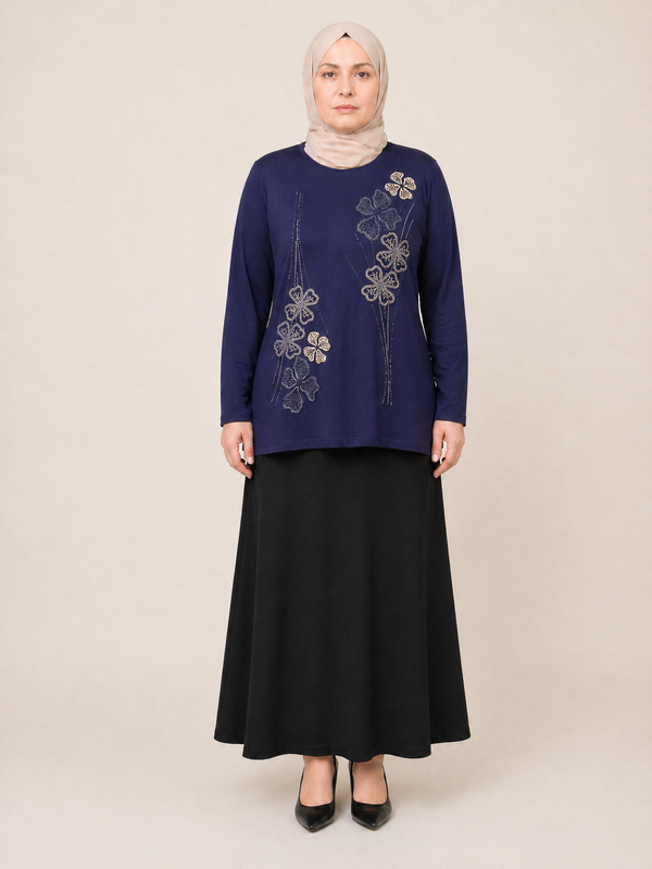 ÇİÇEK İŞLEMELİ TAŞLI BLUZ