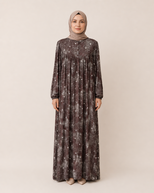 YUVARLAK ROBA DESENLİ VİSKON ELBİSE