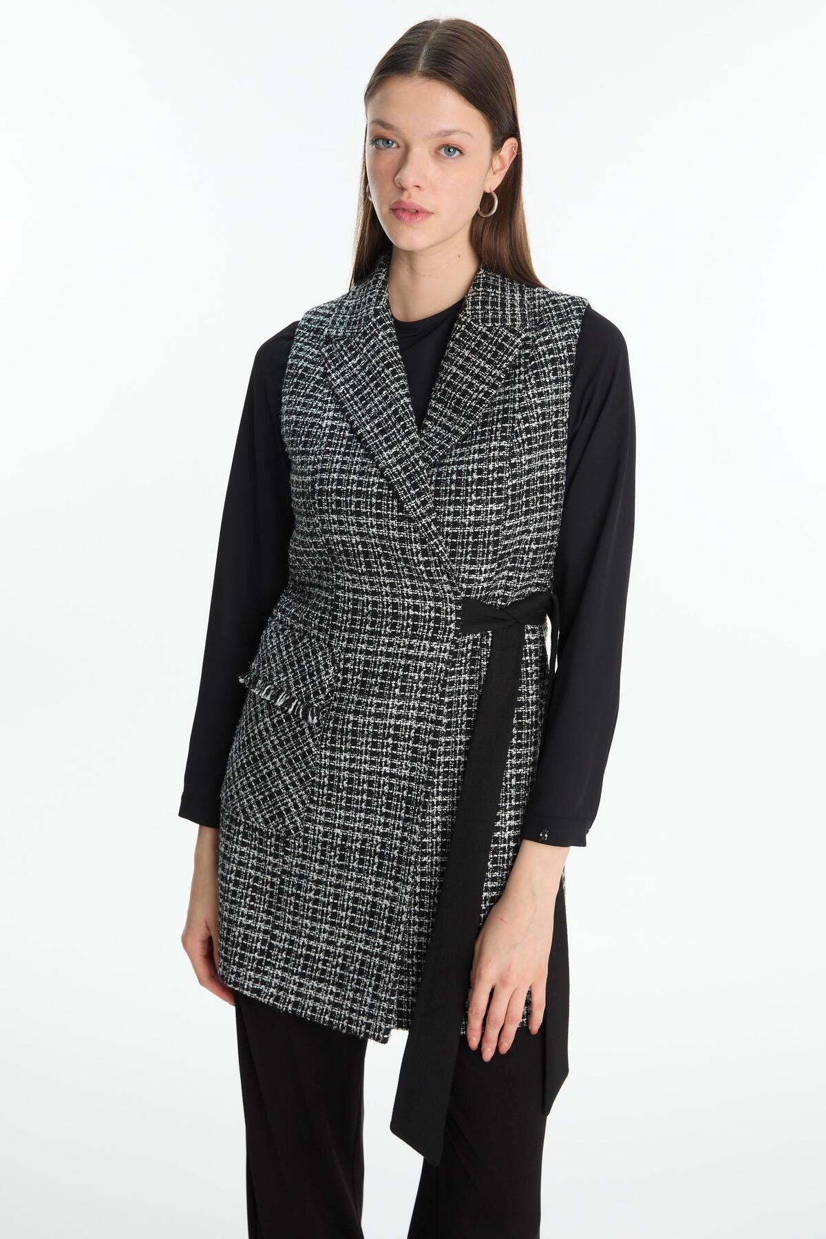 TWEED DESENLİ KUŞAKLI YELEKLİ