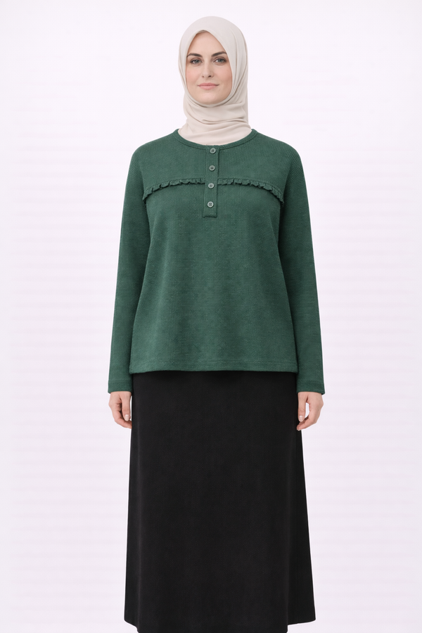 BİSİKLET YAKA FİTİLLİ İŞLEMELİ BLUZ