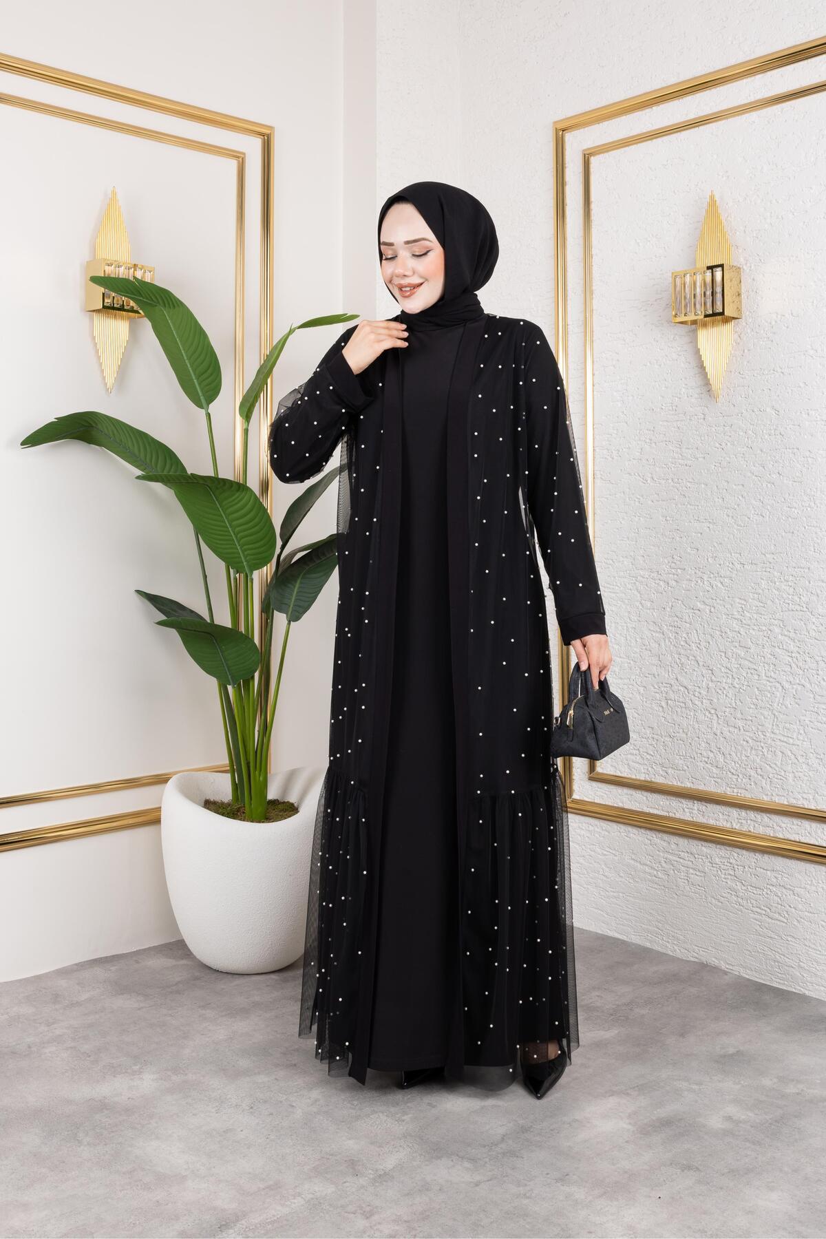 İNCİ İŞLEMELİ TÜLLÜ SANDY ABAYA