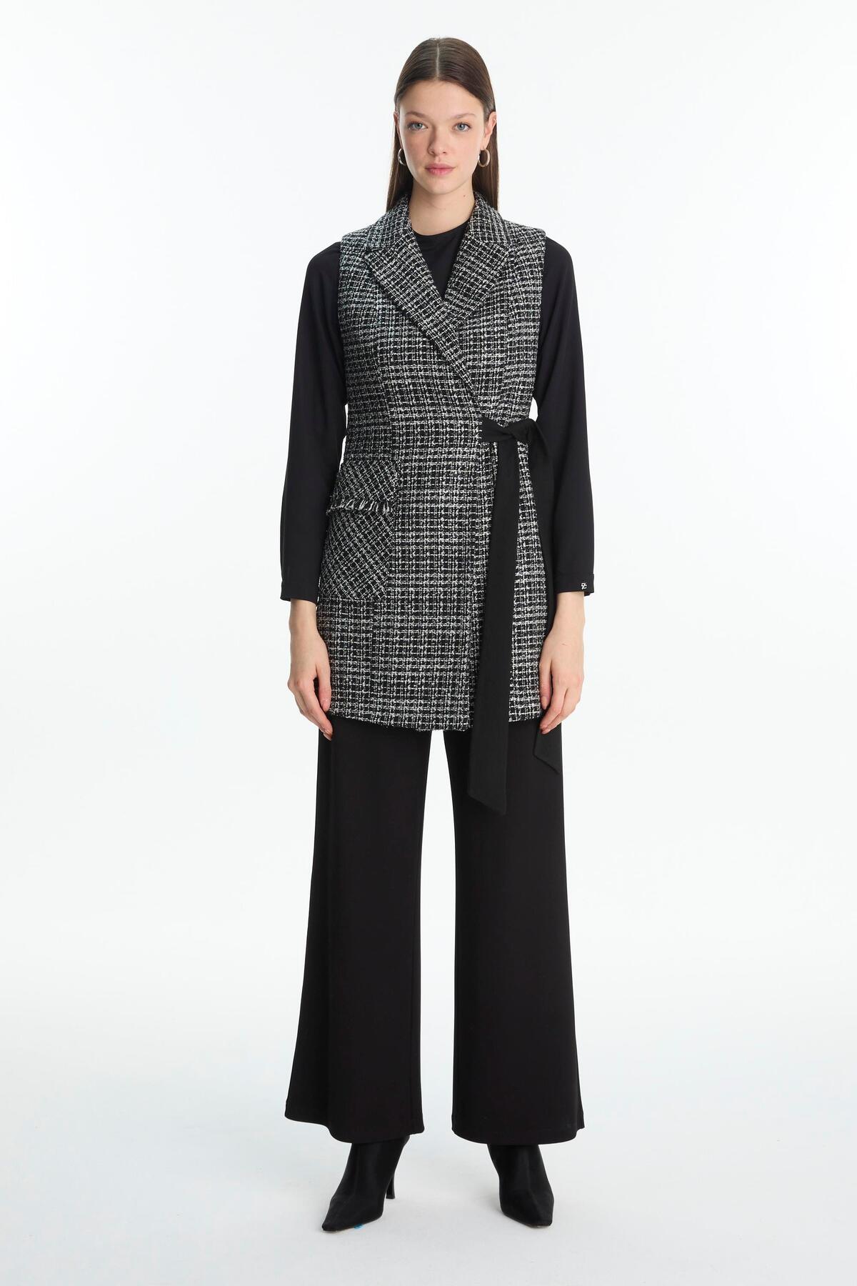 TWEED DESENLİ KUŞAKLI YELEKLİ