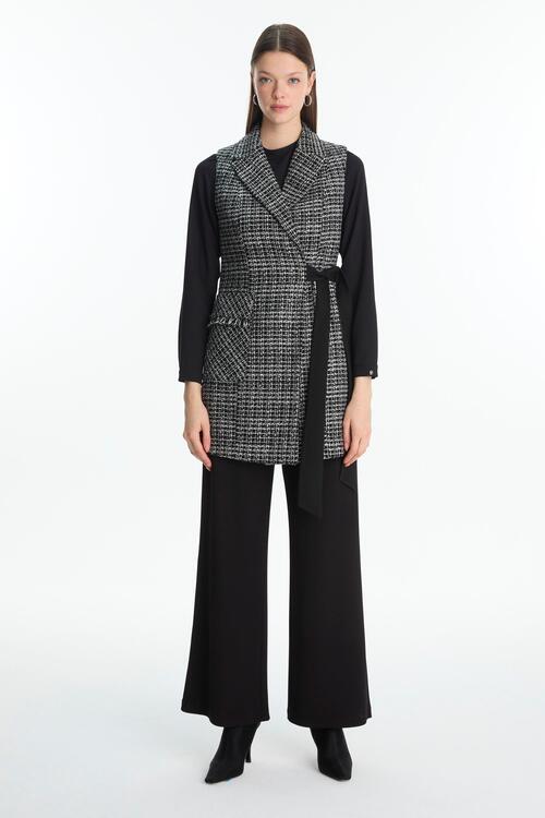 TWEED DESENLİ KUŞAKLI YELEKLİ