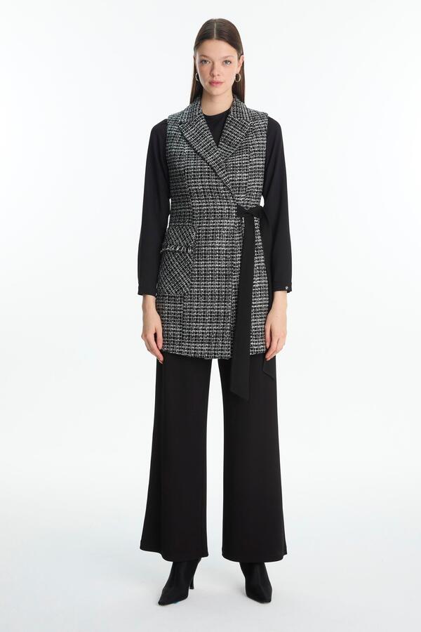 TWEED DESENLİ KUŞAKLI YELEKLİ