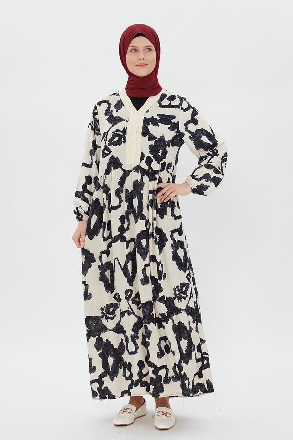 YAKA HASIR DETAYLI DESENLİ DÜZ KESİM VİSKON ELBİS