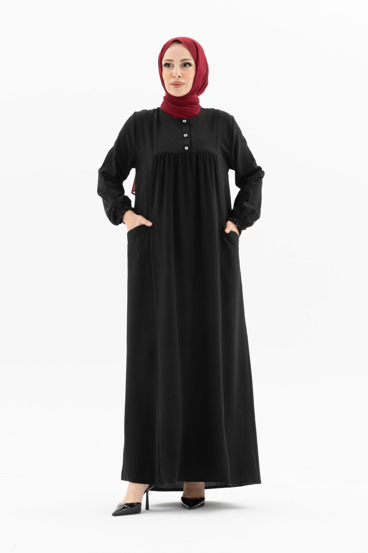 DÜZ ROBA DÜĞMELİ CEPLİ ELBİSE
