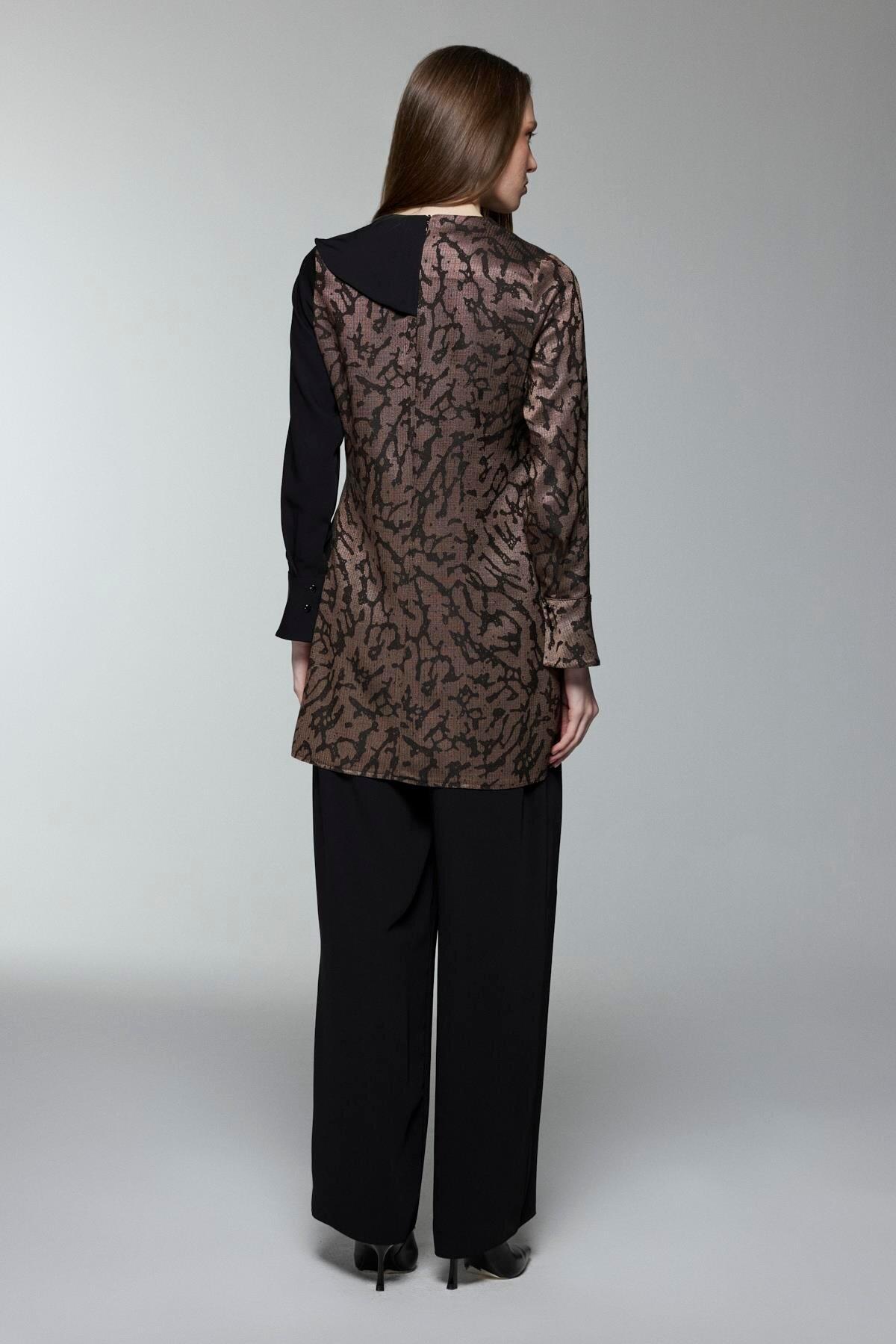 ASİMETRİK DESEN KUŞAKLI PANTOLONLU TAKIM