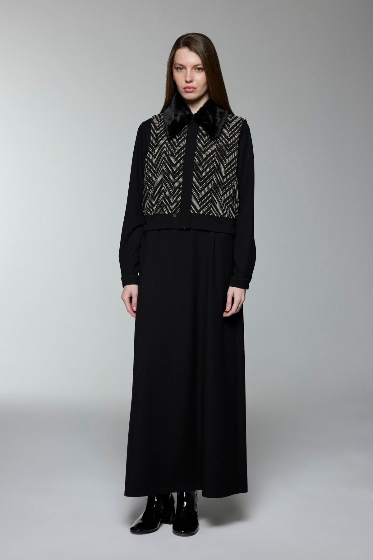 KÜRK YAKA DESENLİ YELEKLİ ELBİSE