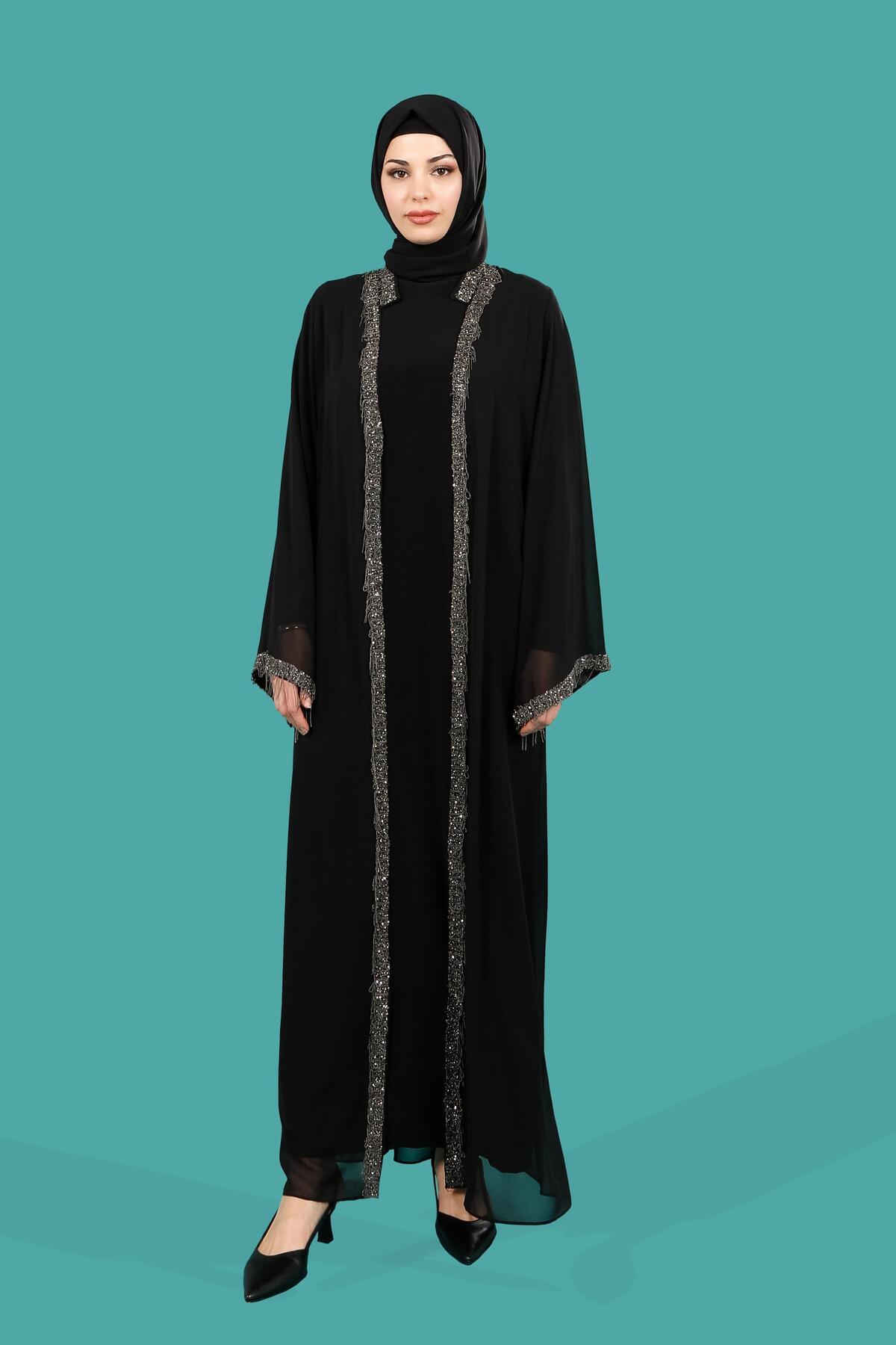 TAŞLI YELEKLİ ŞİFON ABAYA