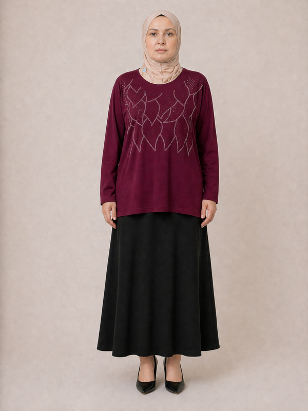 YAPRAK TAŞ İŞLEMELİ BLUZ