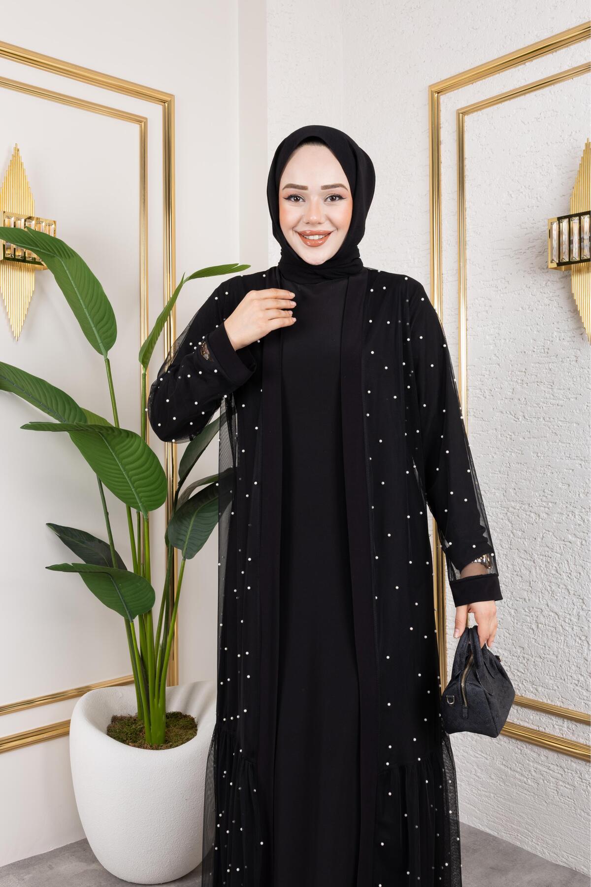 İNCİ İŞLEMELİ TÜLLÜ SANDY ABAYA