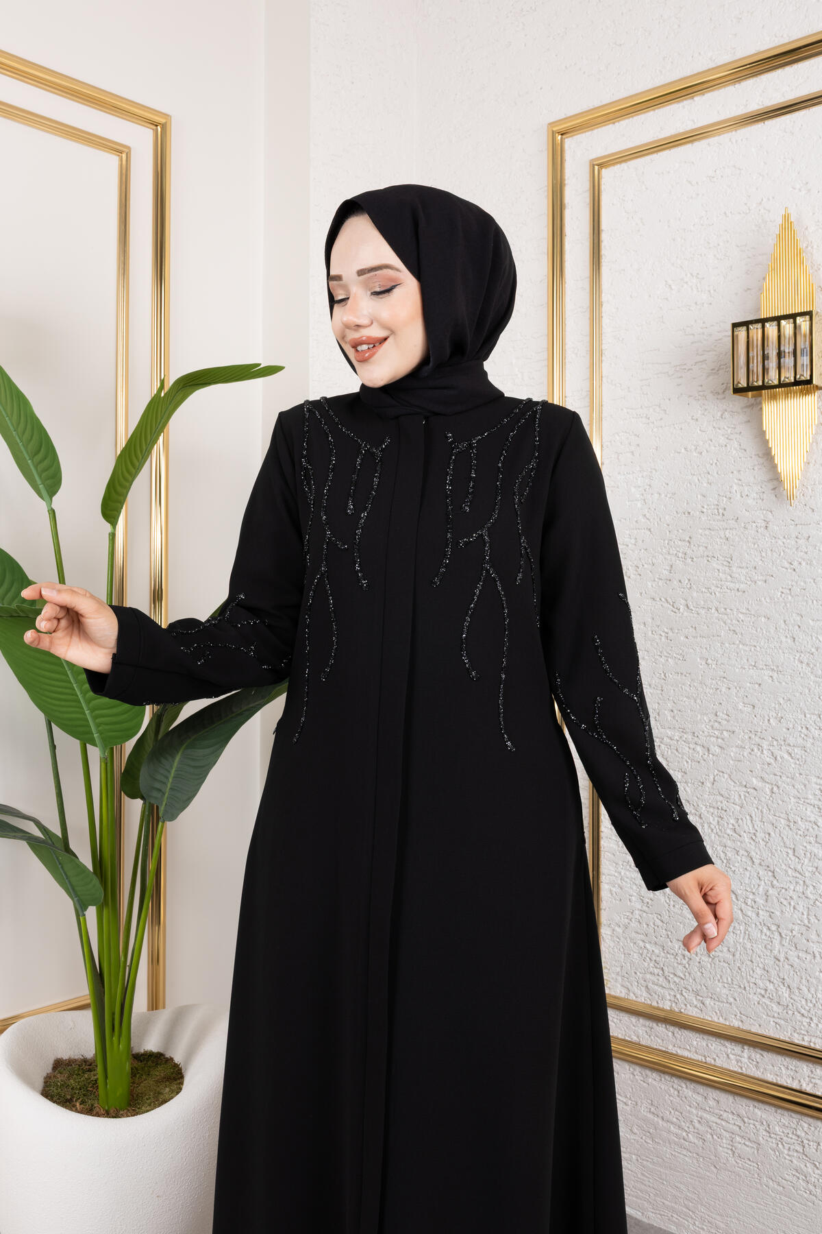 BİSİKLET YAKA DAL DETAYLI FERACE