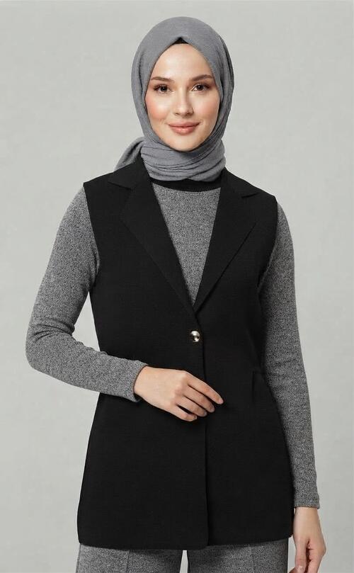 KRUVAZE YAKA BELİ LASTİKLİ YELEK