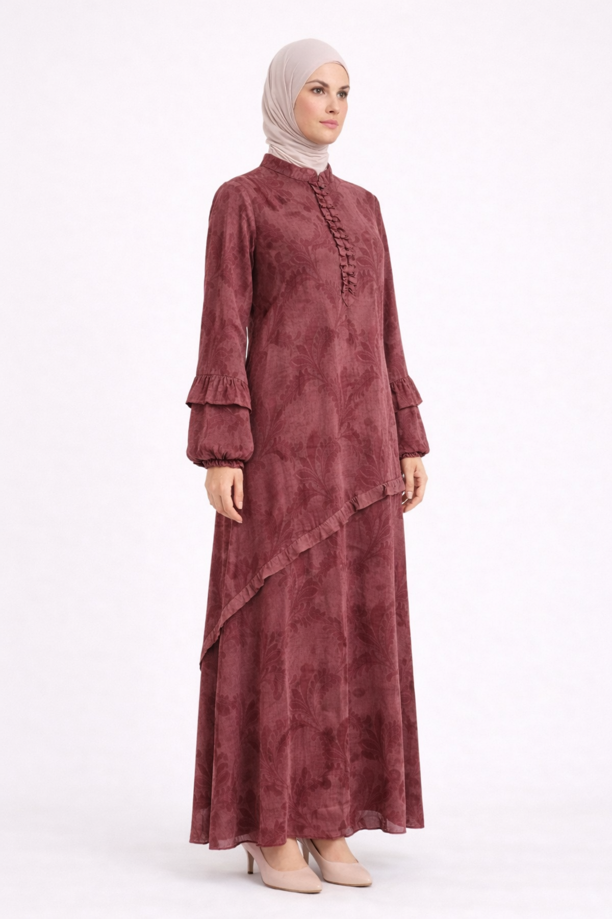 DESENLİ DÜĞMELİ KUPRA ELBİSE