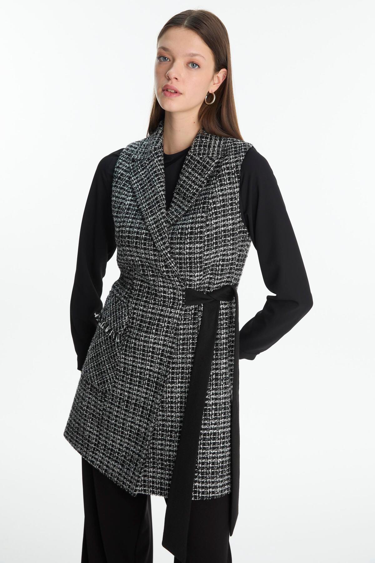 TWEED DESENLİ KUŞAKLI YELEKLİ