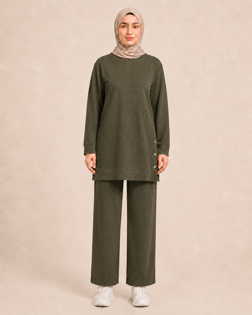 DÜĞME DETAYLI İKİ İPLİK PANTALONLU TAKIM