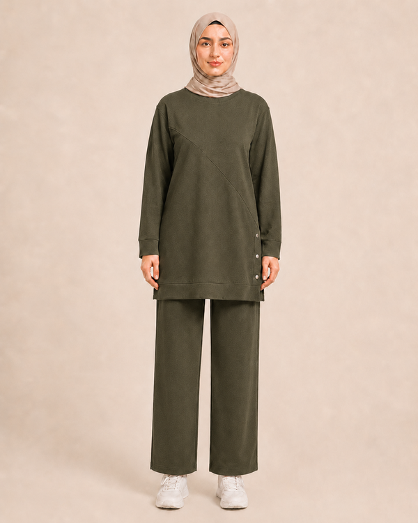 DÜĞME DETAYLI İKİ İPLİK PANTALONLU TAKIM