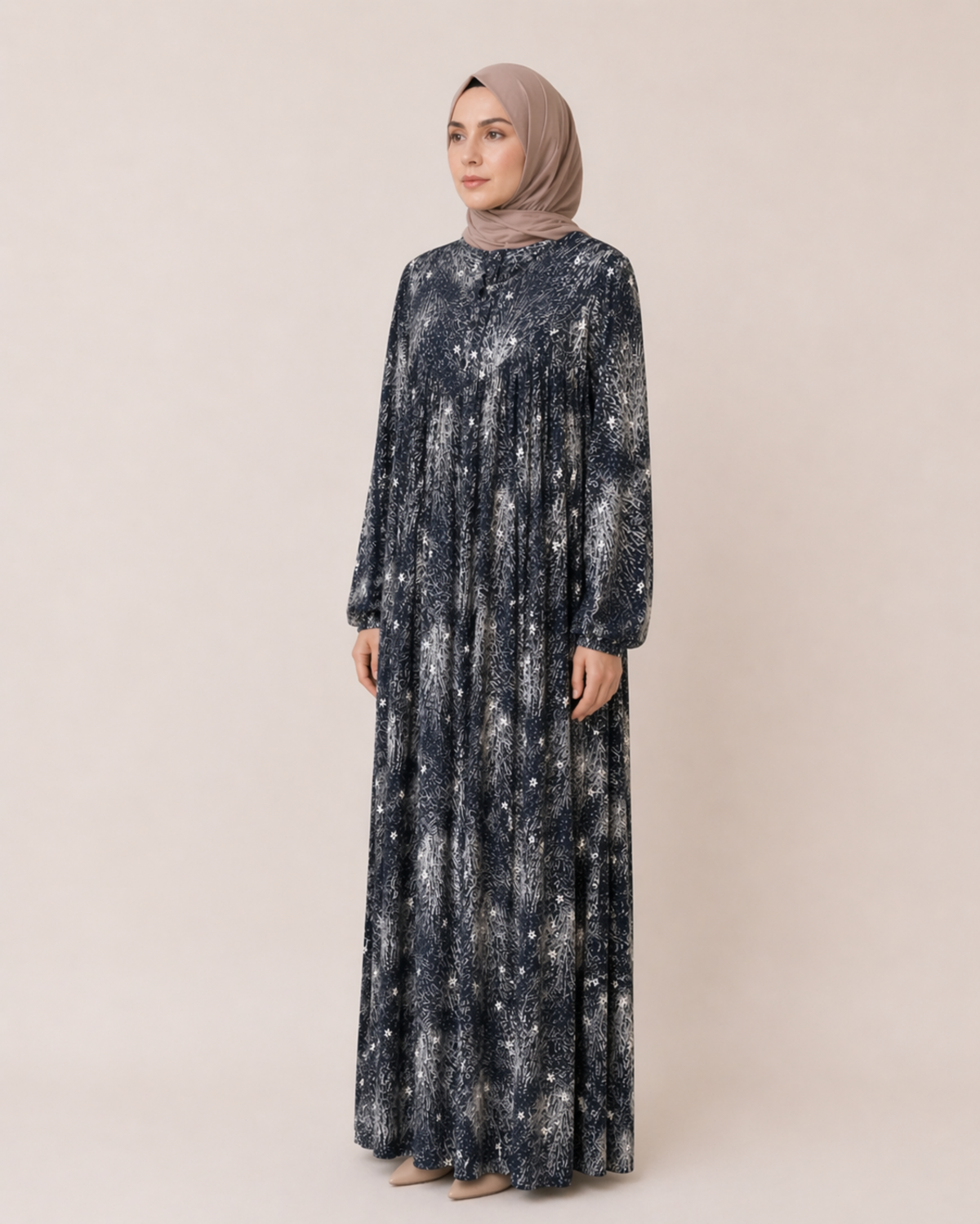 YUVARLAK ROBA DESENLİ VİSKON ELBİSE