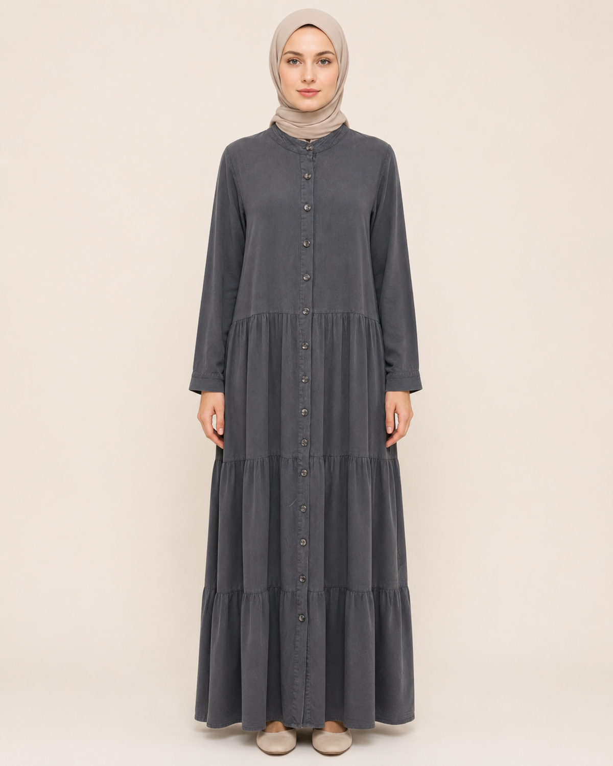 TAM BOY DÜĞMELİ TENCEL ELBİSE