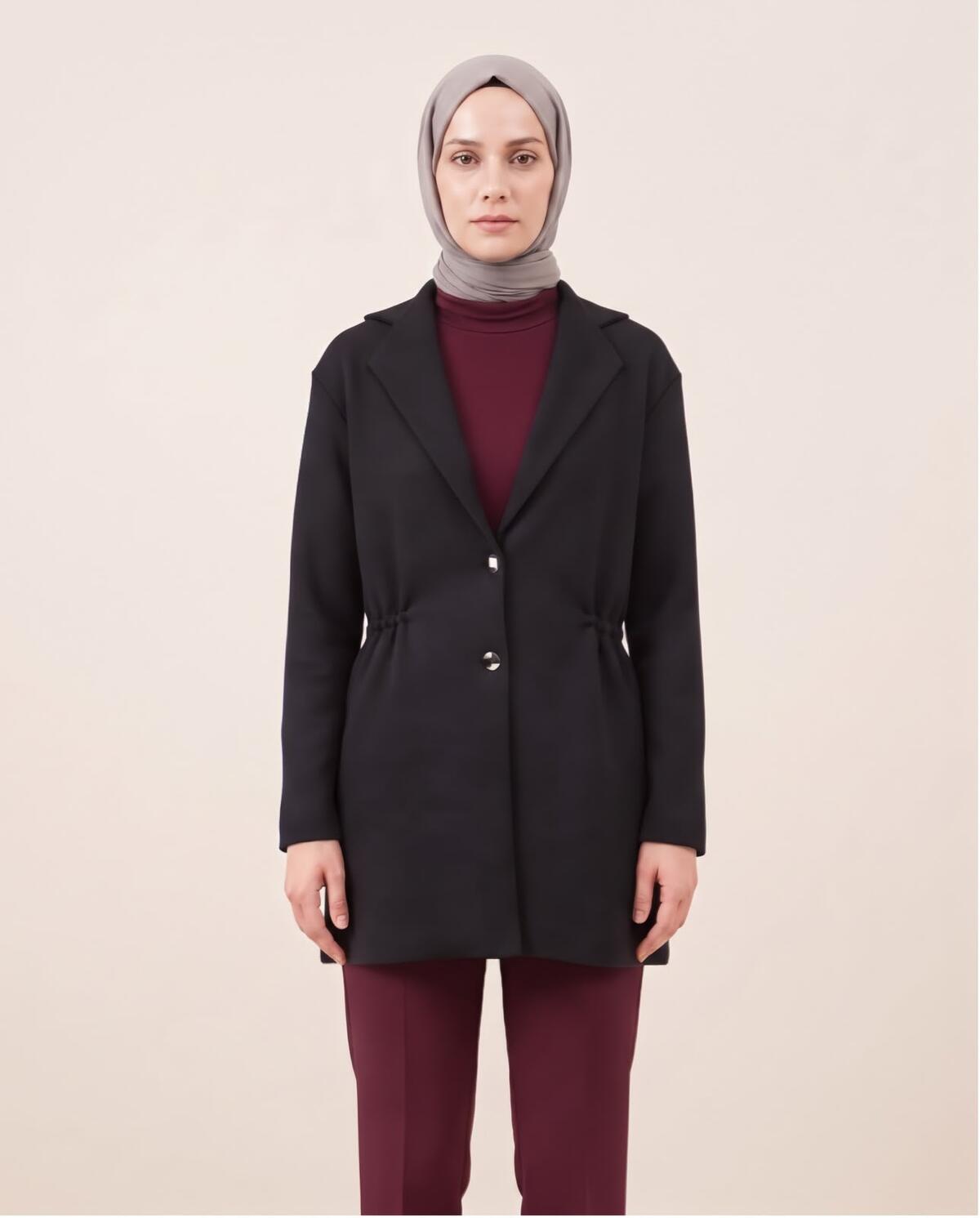 KRUVAZE YAKA BELİ LASTİKLİ HIRKA