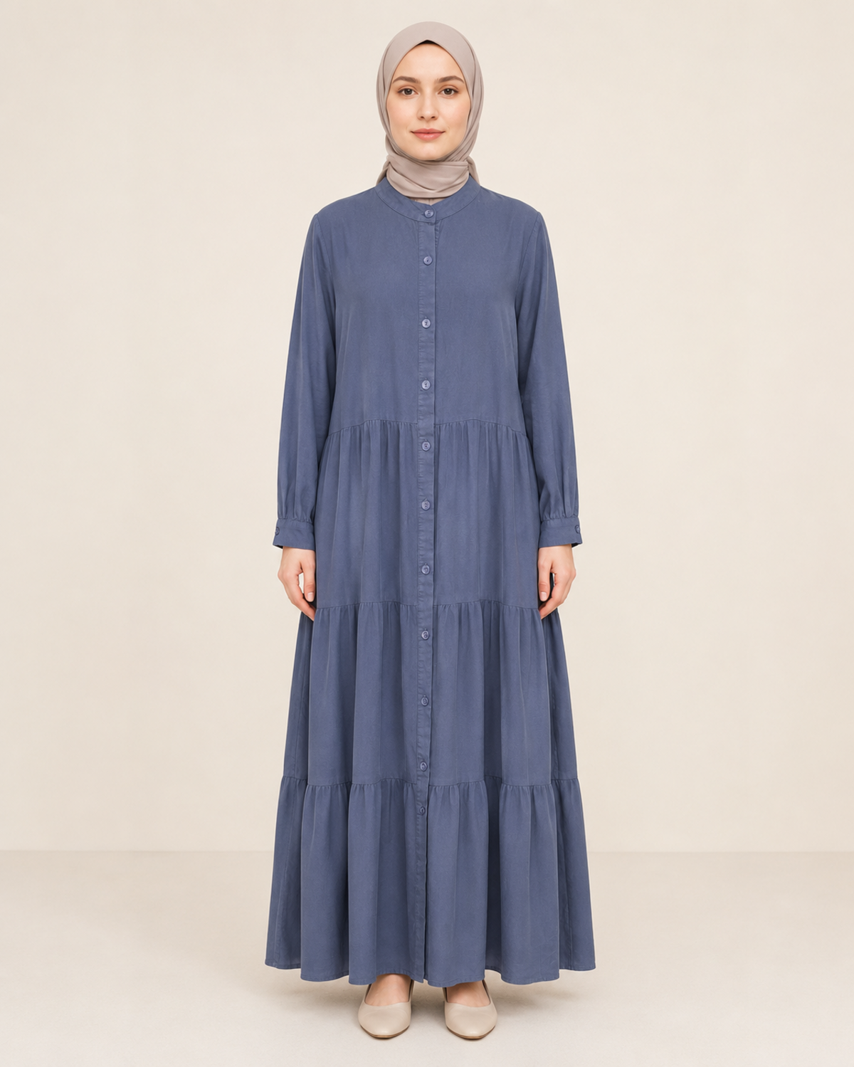 TAM BOY DÜĞMELİ TENCEL ELBİSE