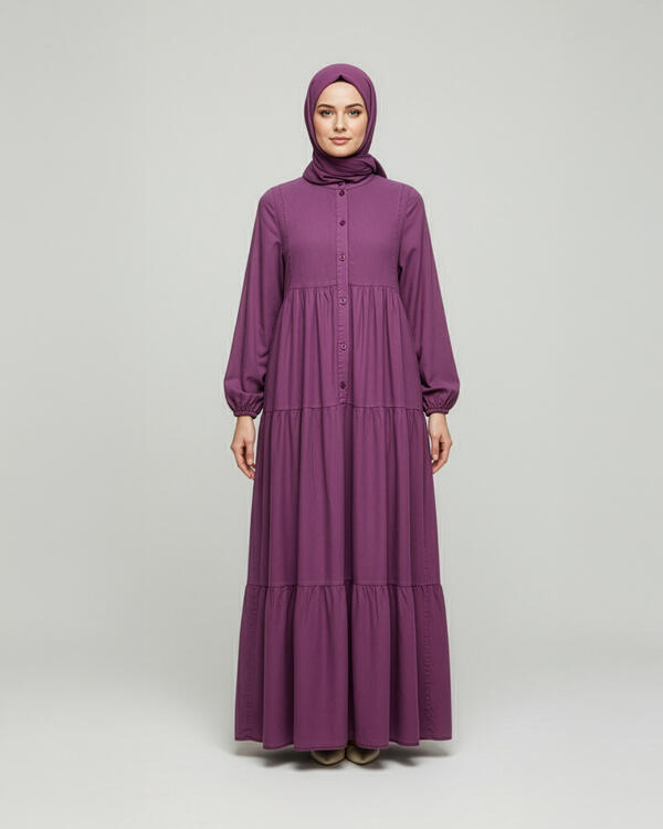 KATLI DÜĞMELİ TENCEL ELBİSE