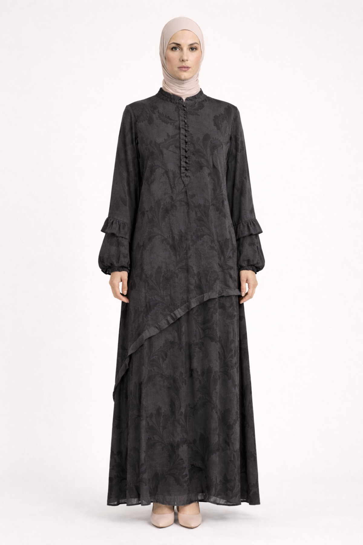 DESENLİ DÜĞMELİ KUPRA ELBİSE