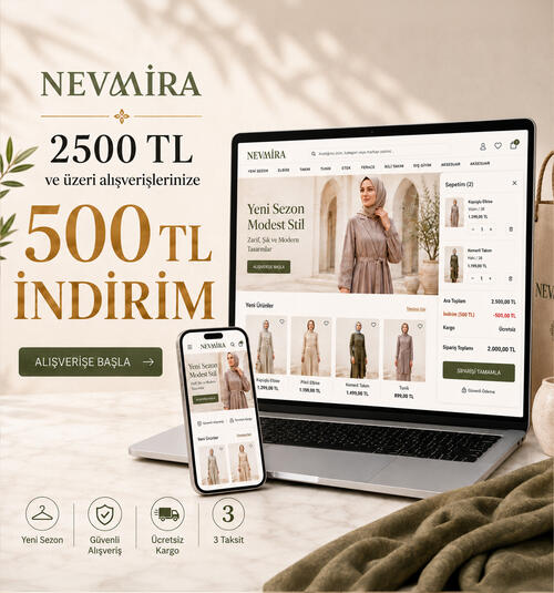 Nevmira 2500 TL ve üzeri alışverişlerde 500 TL indirim kampanyası, yeni sezon ürünleri, ücretsiz kargo ve 3 taksit avantajı