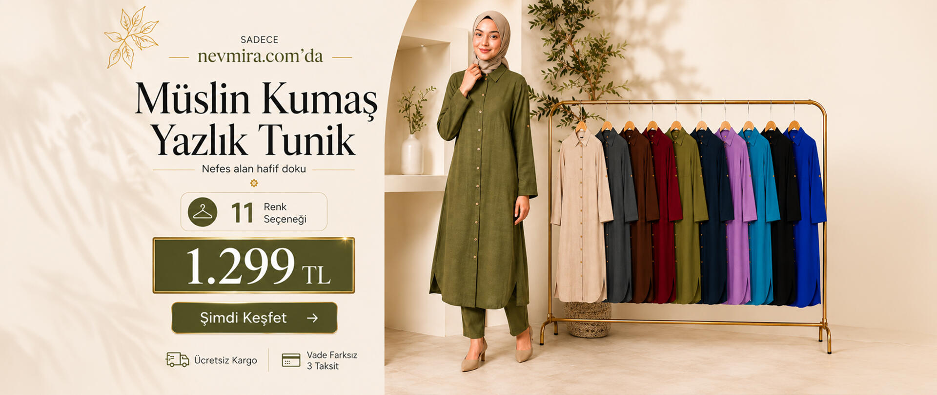 Müslin kumaş yazlık tesettür tunik 11 renk seçeneği ile Nevmira.com’da