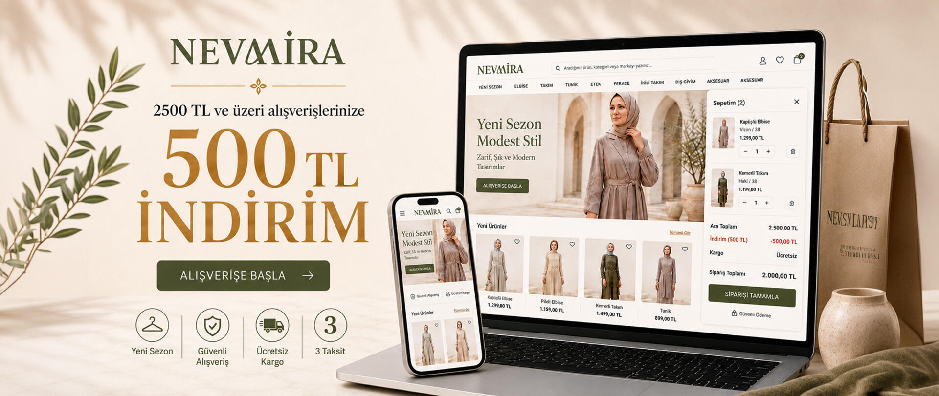 Nevmira 2500 TL ve üzeri alışverişlerde 500 TL indirim kampanyası, yeni sezon ürünleri, ücretsiz kargo ve 3 taksit avantajı