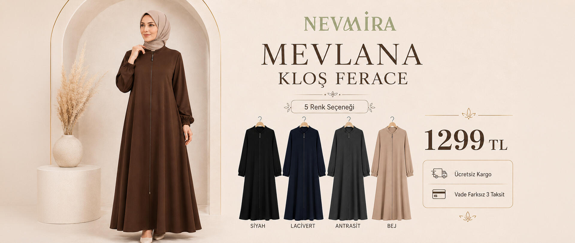Mevlana kloş ferace yazlık tesettür ferace modeli 1199 TL fiyatıyla Nevmira’da
